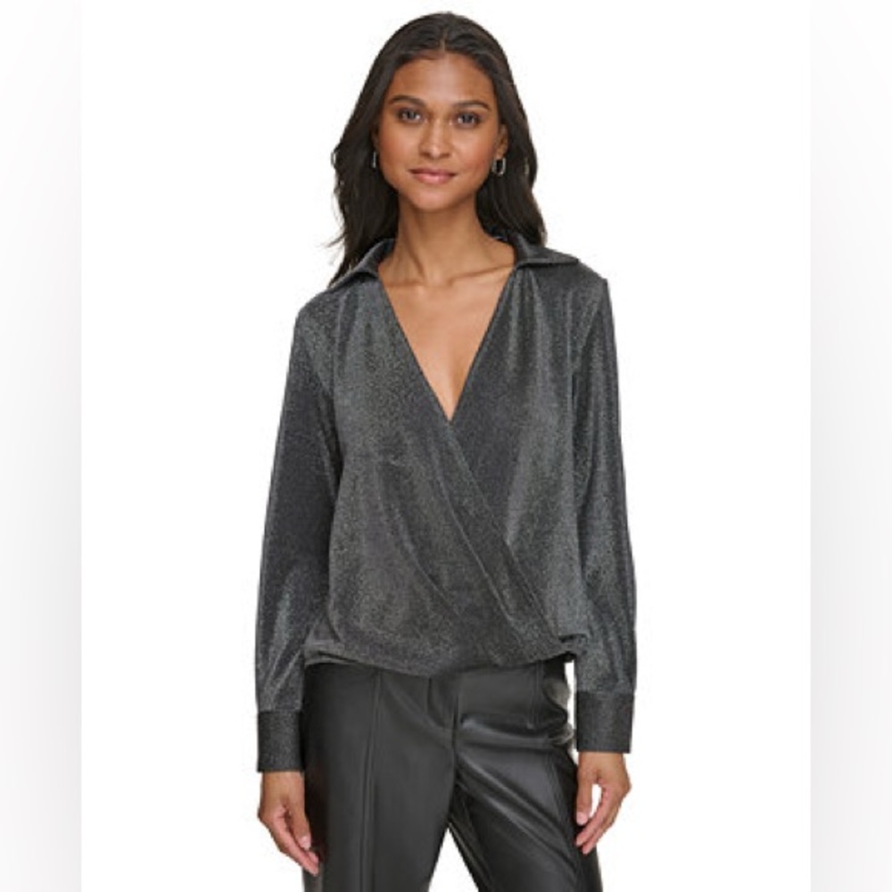 NWT Calvin Klein Lurex Long-Sleeve Faux-Wrap Top Size XL - Picture 1 of 7
